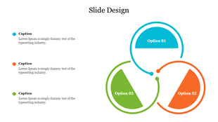 Infographic of three curved segments forming a circle: blue, orange, and green with matching colored caption.