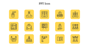 Grid layout with fifteen yellow icons representing various business and professional concepts including graphs and teams.