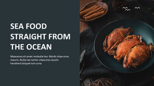 Seafood presentation slide featuring a plate of cooked crabs and cinnamon sticks on a dark background.