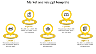 Market analysis slide with five yellow location markers showing icons for payment, register, basket, dollar, and document.