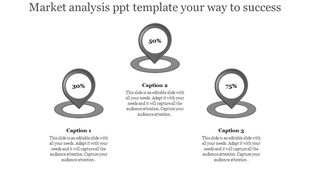 Market analysis template featuring three grey map pins with 30%, 50%, and 75%, aligned in a triangular pattern.