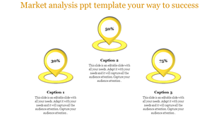 Market analysis PowerPoint template featuring six percentage milestones from 30 to 90 percent with corresponding captions.
