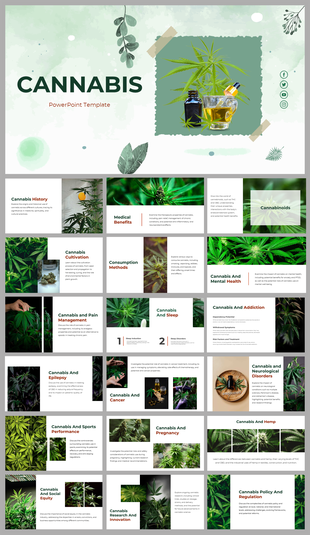 Cannabis slides with green accents, highlighting cultivation, health benefits, medical research, and social equity topics.