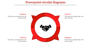 Slide featuring a red circular diagram with four captions on each side and a handshake icon in the center.