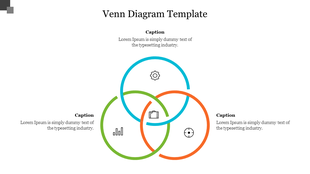 Venn diagram PPT template with three overlapping color coded circles and icons representing data, gear, and briefcase.