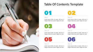 PowerPoint slide with a table of contents on the right and a person writing in a notebook on the left.