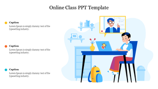 Online class PPT template featuring a student at a desk attending a virtual lesson, with a teacher displayed on a screen.