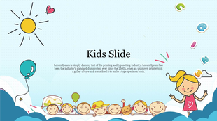 Colorful illustration of smiling kids with balloons and a sun, surrounded by playful designs on a blue themed background.