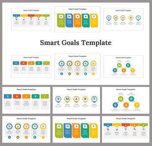 Collection of twelve smart goals slides with arrangements of colored blocks and icons, each arranged in multiple design.
