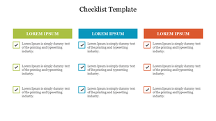 PowerPoint template displaying a checklist with colorful sections, each with a green, blue, and orange checkbox.