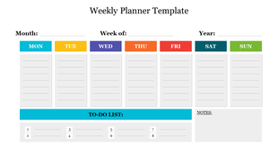 Weekly planner with seven color coded columns for each day, to-do list with eight slots, and a notes section on the right.