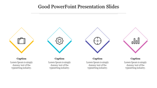 Good slide with four colored diamond icons representing different concepts, each paired with a caption below.