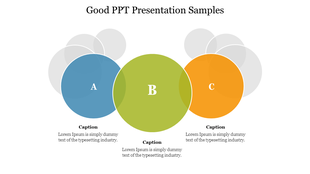 Good PowerPoint template with three colorful overlapping circles labeled A, B, and C, each accompanied by a caption.