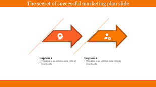 Orange gradient slide featuring two right facing arrows, each with icons and captions arranged in a row.