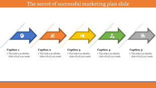 PowerPoint slide for a marketing plan with five arrows and icons, each representing a different stage with captions.