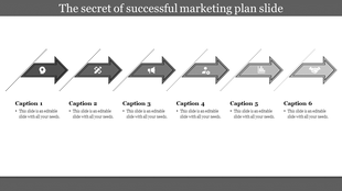 Horizontal layout with six dark gray arrows, each featuring an icon and captions, arranged in a sequential flow.