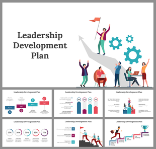 Leadership slide deck featuring people and gears, followed by various layouts of bar graphs, and growth metrics.