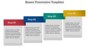Banner presentation showing four numbered steps with colorful headers in red, blue, green, and yellow.