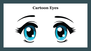 Cartoon eyes PPT slide featuring large blue pupils and thick black eyelashes on a white backdrop with a borderline.
