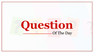 Bold red text in the center with faded question marks in the background and bordered with a thin red line.