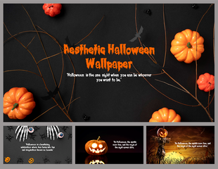 Aesthetic halloween wallpaper slides featuring vibrant pumpkins, spider webs, and a spooky quote against a dark background.
