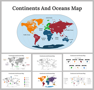Collection of slides with white backgrounds, showing colorful continents and major oceans labeled clearly.