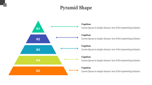 Slide featuring a pyramid with five layers in colors from green to orange, each connected to captions with arrows.