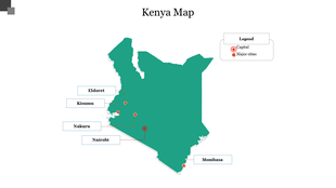 Graphic representation of Kenya, showcasing a map with labeled locations of key cities and a legend for clarity.