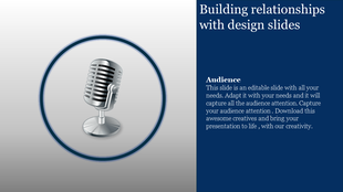 Slide featuring a classic microphone illustration inside a circular frame, with text on a dark blue background.