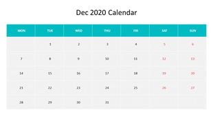 December 2020 calendar layout with teal headers for each day of the week, and red weekend dates for easy viewing.