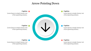 Diagram with a central downward arrow, encircled, and four colored dots on the corners, each associated with a caption.