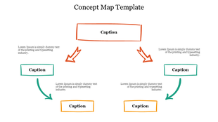 A concept map PPT template with labeled arrows connecting different caption boxes, using various colors on a white backdrop.
