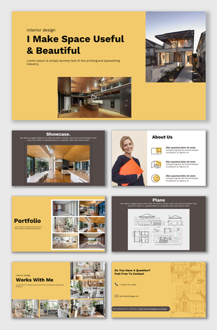 Interior design PowerPoint slides showcasing images of modern spaces, a portfolio, and contact details.