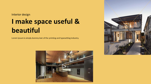 Interior design portfolio slide showcasing a modern kitchen with a well lit and stylish living room exterior.