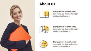 Interior design presentation slide featuring a smiling woman with an orange notebook and icons related to design.