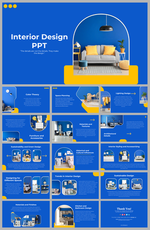 Interior design cover slide deck featuring a stylish living room with a blue wall, gray sofa, and yellow cushions.