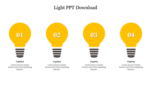 Four yellow light bulb icons with black bases, each numbered from 01 to 04 in white, and captions below.