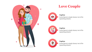 Illustration of a couple holding a gift with a pink heart background, and three captions with circular icons on the right.