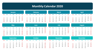 2020 monthly calendar featuring a grid layout for each month with blue and teal headers, and red weekends for easy reference.
