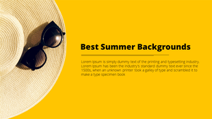 Summer themed slide with close up of woven beach hat and sunglasses beside bold title and paragraph on yellow backdrop.