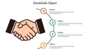 Illustration of two hands shaking with four colored captions arranged in a curve on the right side for text descriptions.
