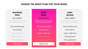 Three-tier pricing structure showcasing different fitness management plans with a highlighted middle option.