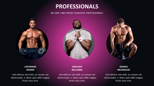 Team slide with three male fitness professionals, each with a photo, name, and paragraph, over a black to purple gradient.