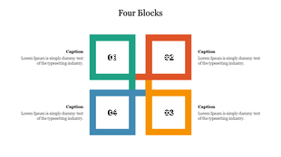 Four square blocks in green, red, yellow, and blue interlocked in a grid layout,  each labeled with number and captions.