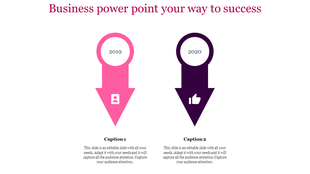 Two large arrows in pink and purple pointing downward, labeled 2019 and 2020, with icons and captions below.
