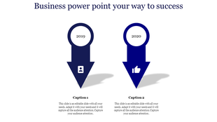 Business infographic with two bold blue arrows pointing down, highlighting milestones and caption areas for 2019 and 2020.
