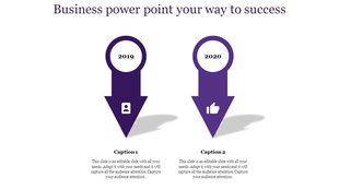Slide with two purple location style arrows, showing years, icons, and descriptive captions below.