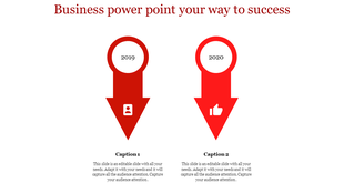 Horizontal business infographic featuring two large red arrows pointing down, showing milestones for 2019 and 2020.