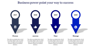 Business themed slide with four steps represented by downward arrows containing year labels and  icons.