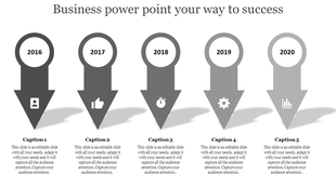 Grayscale business slide with arrows, showing years 2016 to 2020 and icons for user, like, clock, settings, and statistics.
